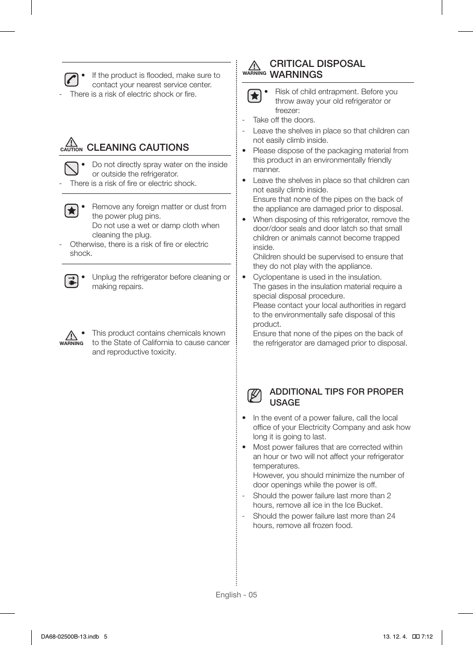 Cleaning cautions, Critical disposal warnings | Samsung RSG309AARS-XAA User Manual | Page 5 / 184