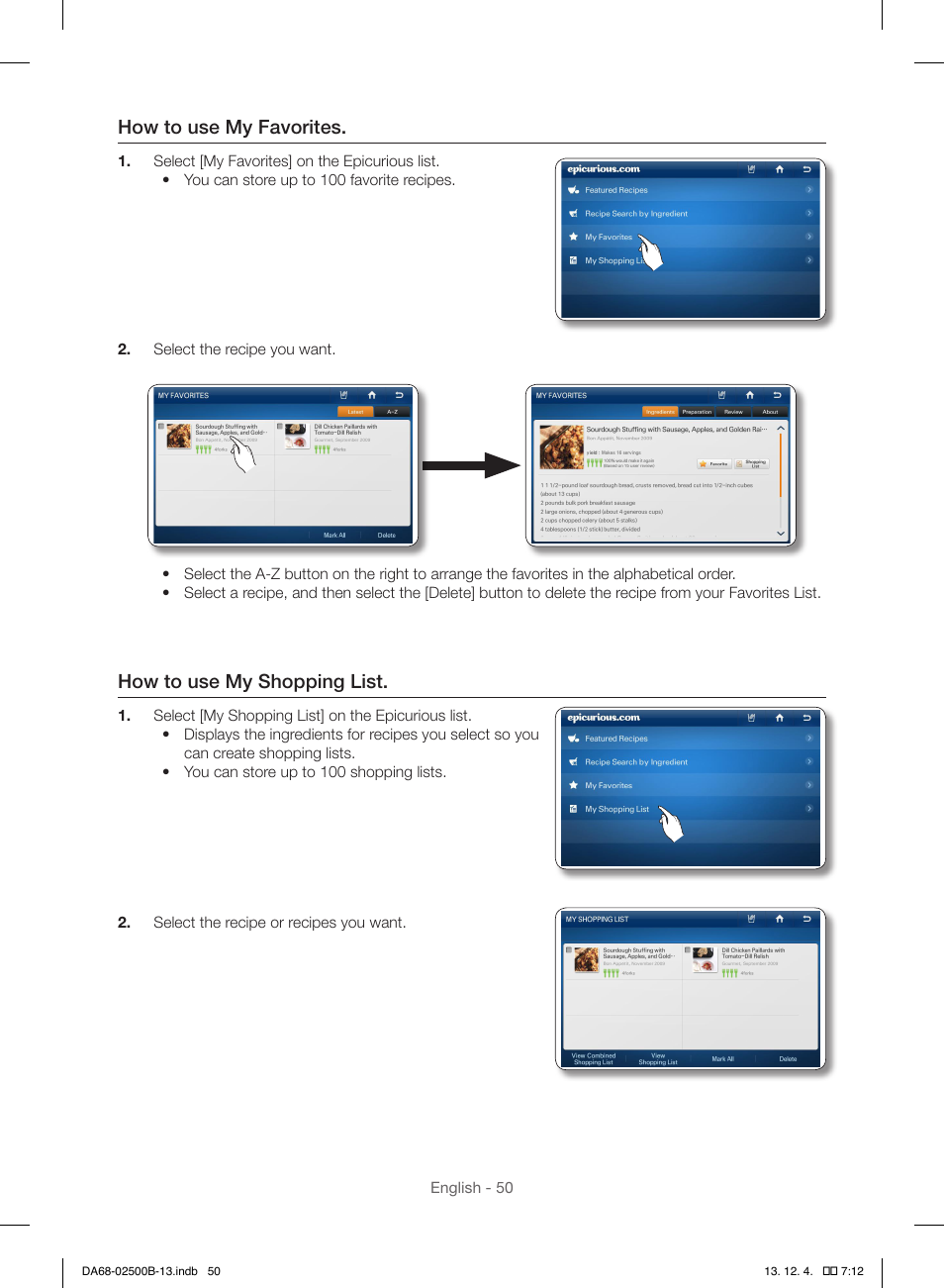 How to use my favorites, How to use my shopping list | Samsung RSG309AARS-XAA User Manual | Page 50 / 184