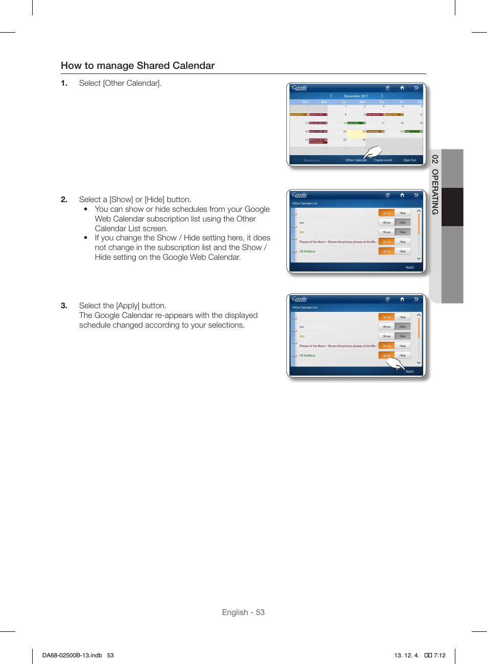 How to manage shared calendar | Samsung RSG309AARS-XAA User Manual | Page 53 / 184