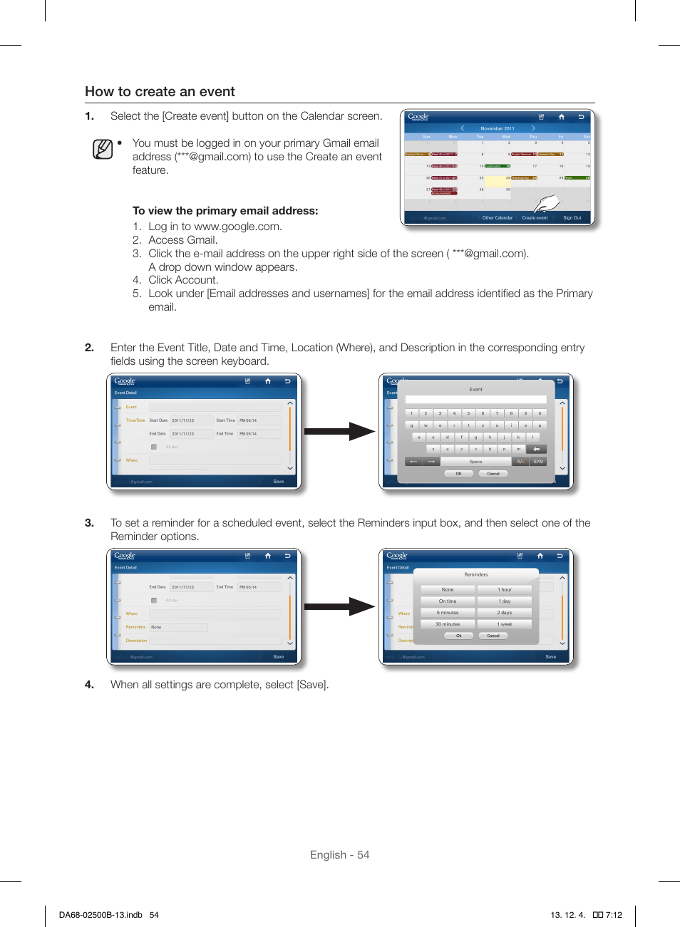 How to create an event | Samsung RSG309AARS-XAA User Manual | Page 54 / 184