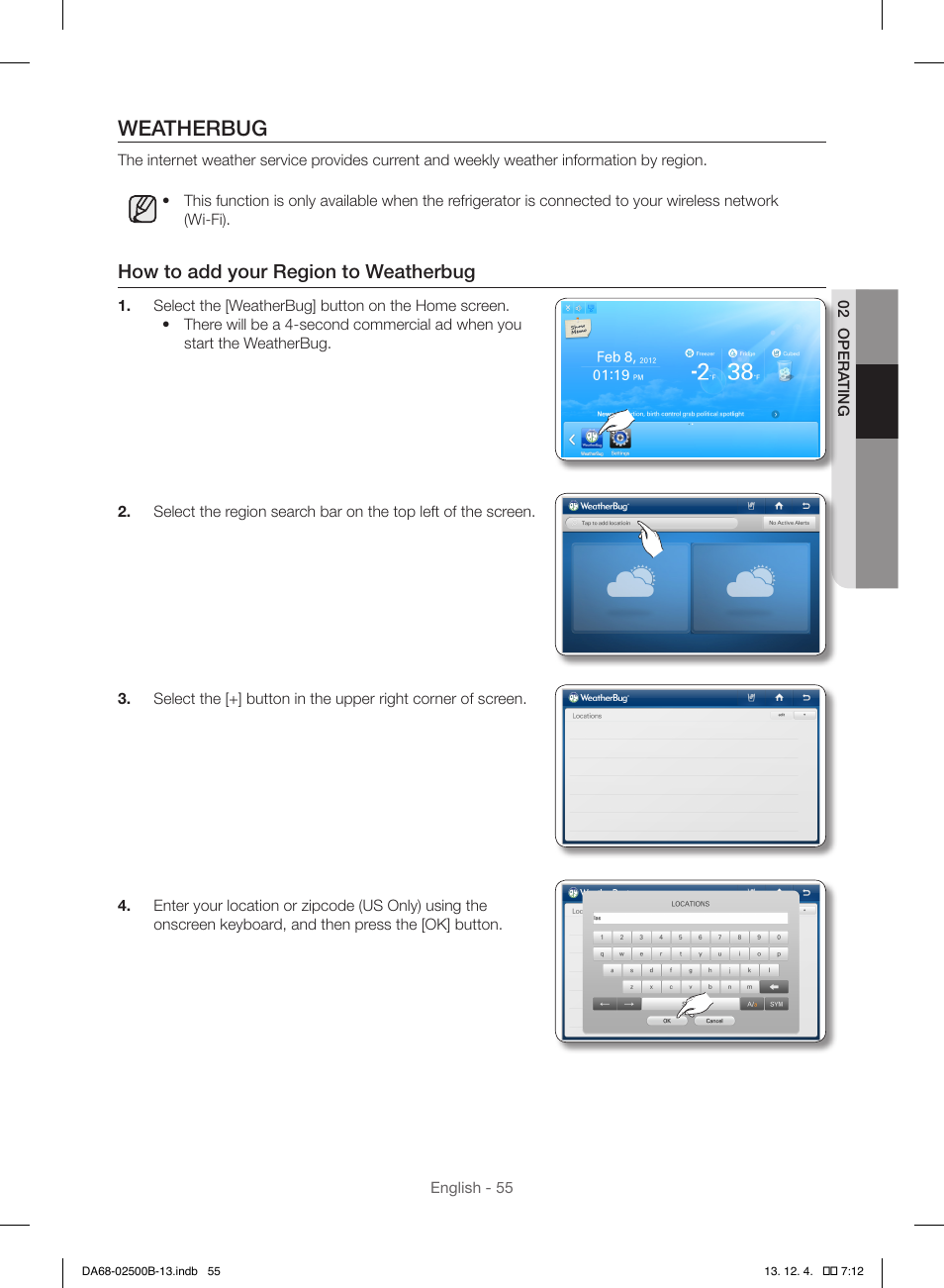 Weatherbug, How to add your region to weatherbug | Samsung RSG309AARS-XAA User Manual | Page 55 / 184