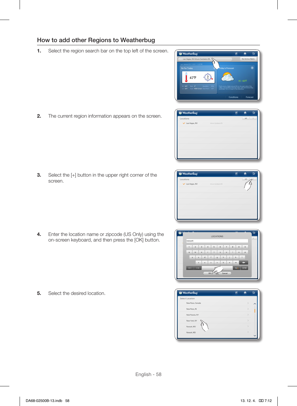 How to add other regions to weatherbug | Samsung RSG309AARS-XAA User Manual | Page 58 / 184