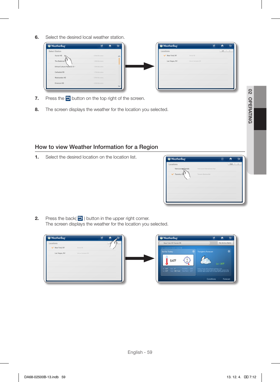 How to view weather information for a region | Samsung RSG309AARS-XAA User Manual | Page 59 / 184