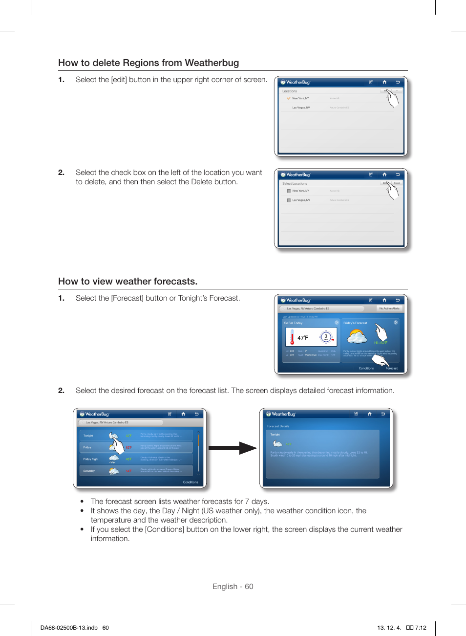 How to delete regions from weatherbug, How to view weather forecasts | Samsung RSG309AARS-XAA User Manual | Page 60 / 184