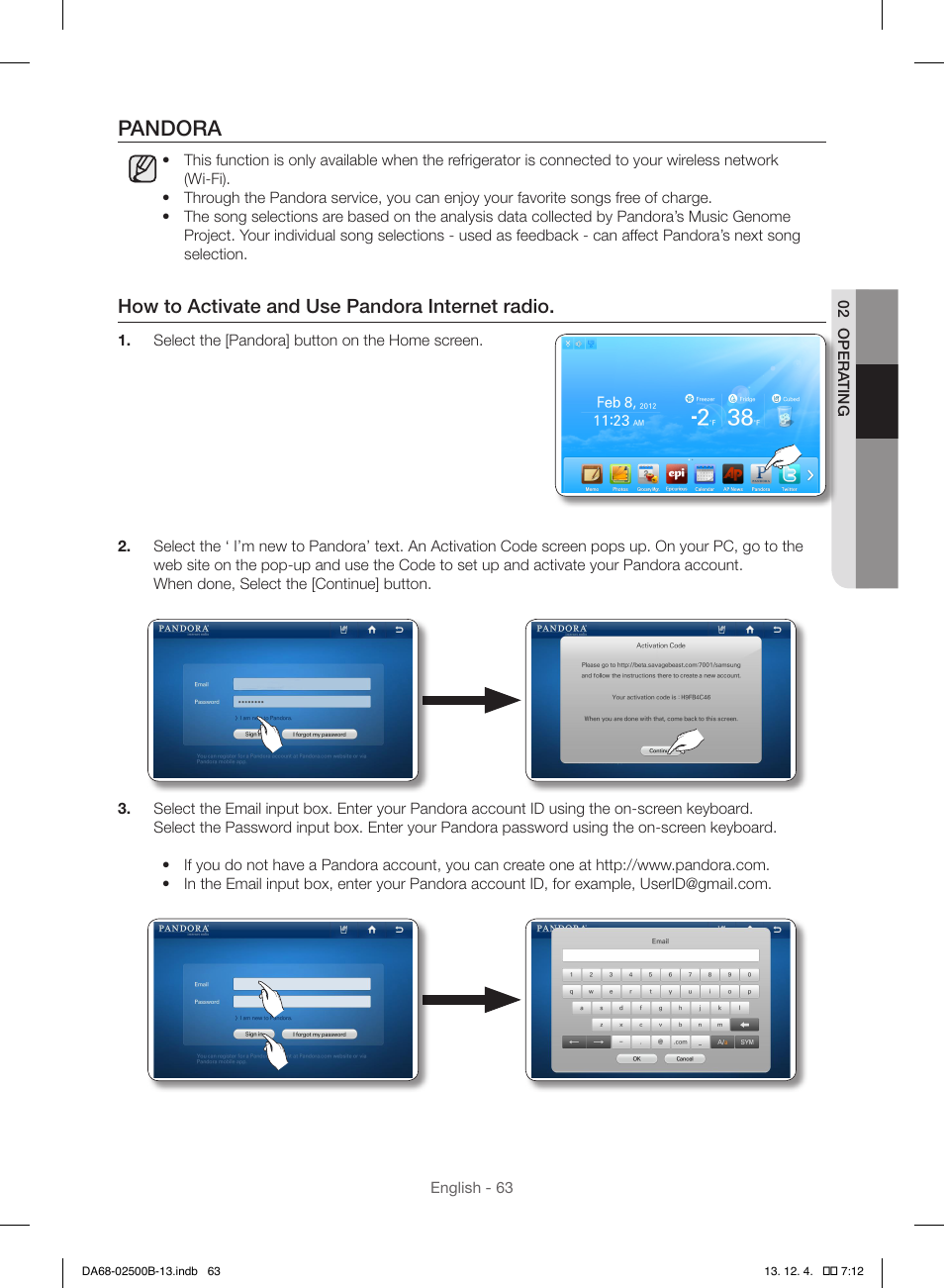 Pandora, How to activate and use pandora internet radio | Samsung RSG309AARS-XAA User Manual | Page 63 / 184