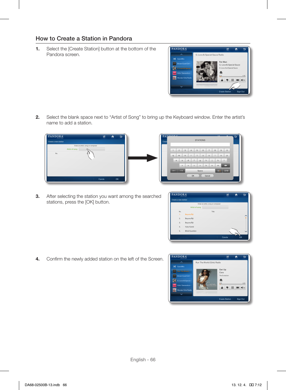 How to create a station in pandora | Samsung RSG309AARS-XAA User Manual | Page 66 / 184