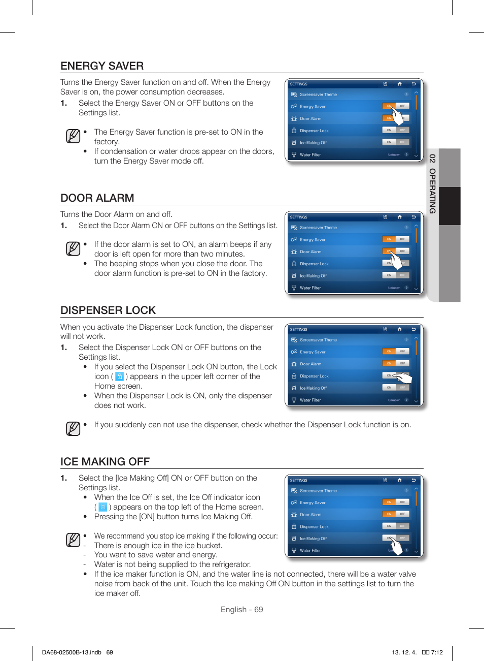 Energy saver, Door alarm, Dispenser lock | Ice making off | Samsung RSG309AARS-XAA User Manual | Page 69 / 184