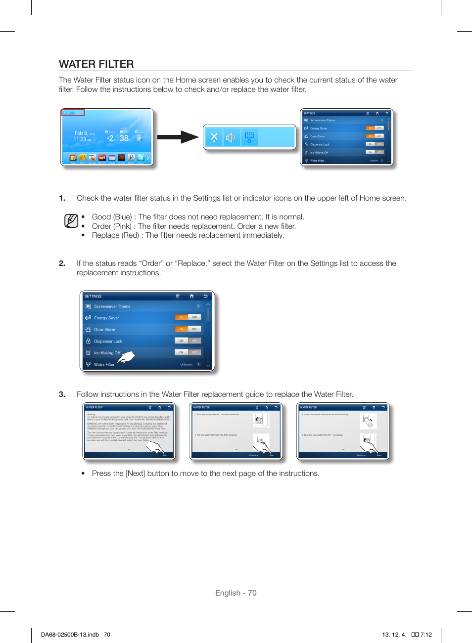 Water filter | Samsung RSG309AARS-XAA User Manual | Page 70 / 184