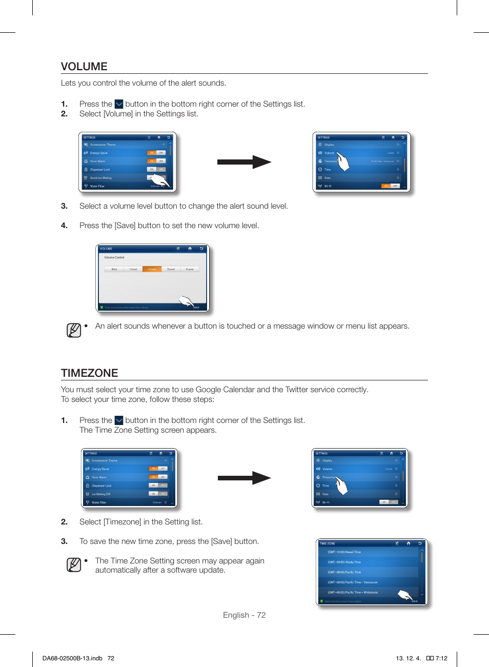 Volume, Timezone | Samsung RSG309AARS-XAA User Manual | Page 72 / 184