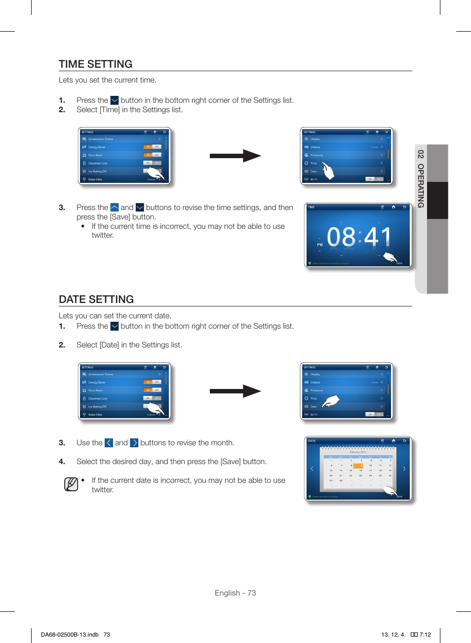 Time setting, Date setting | Samsung RSG309AARS-XAA User Manual | Page 73 / 184