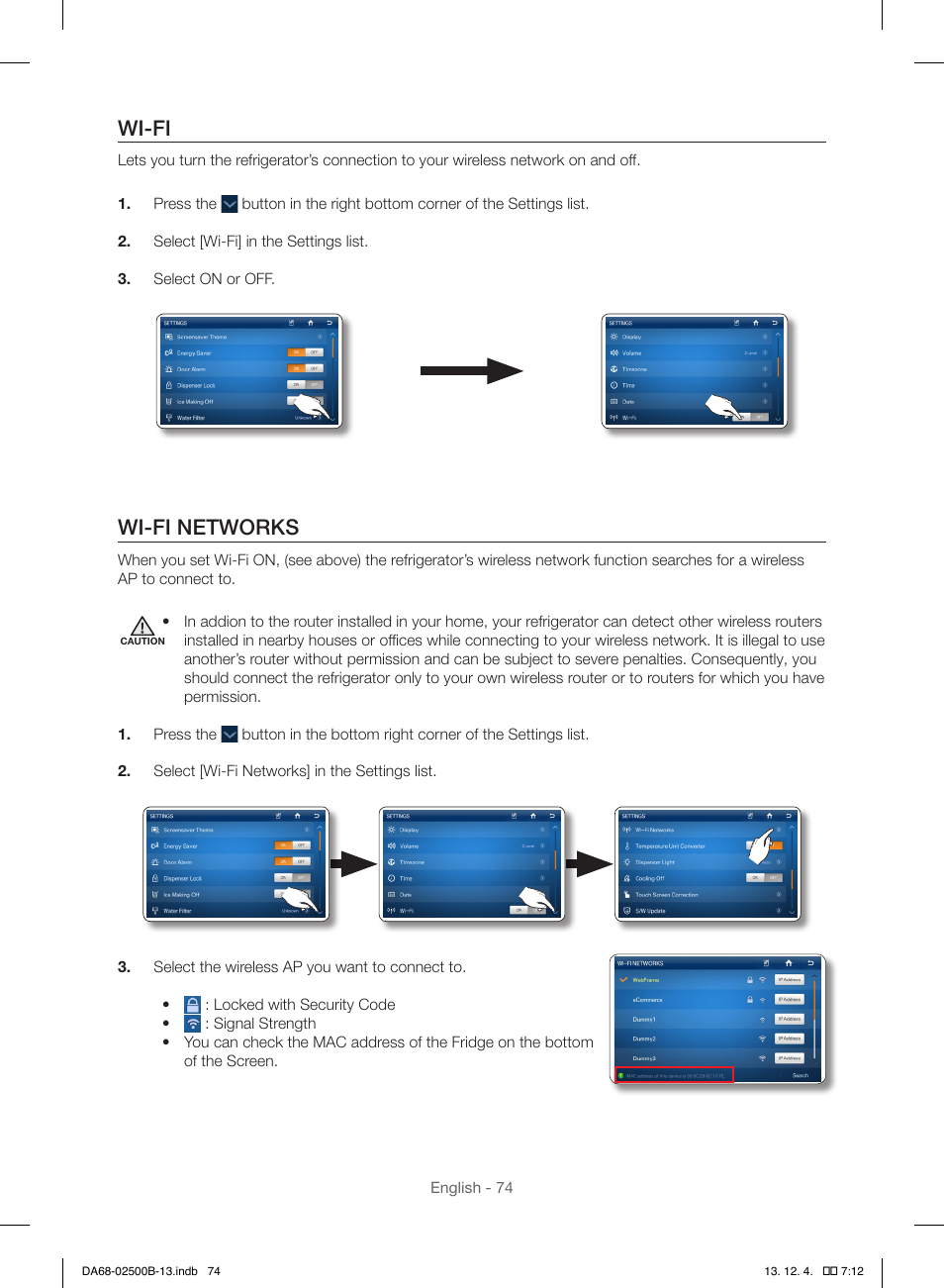 Wi-fi, Wi-fi networks | Samsung RSG309AARS-XAA User Manual | Page 74 / 184