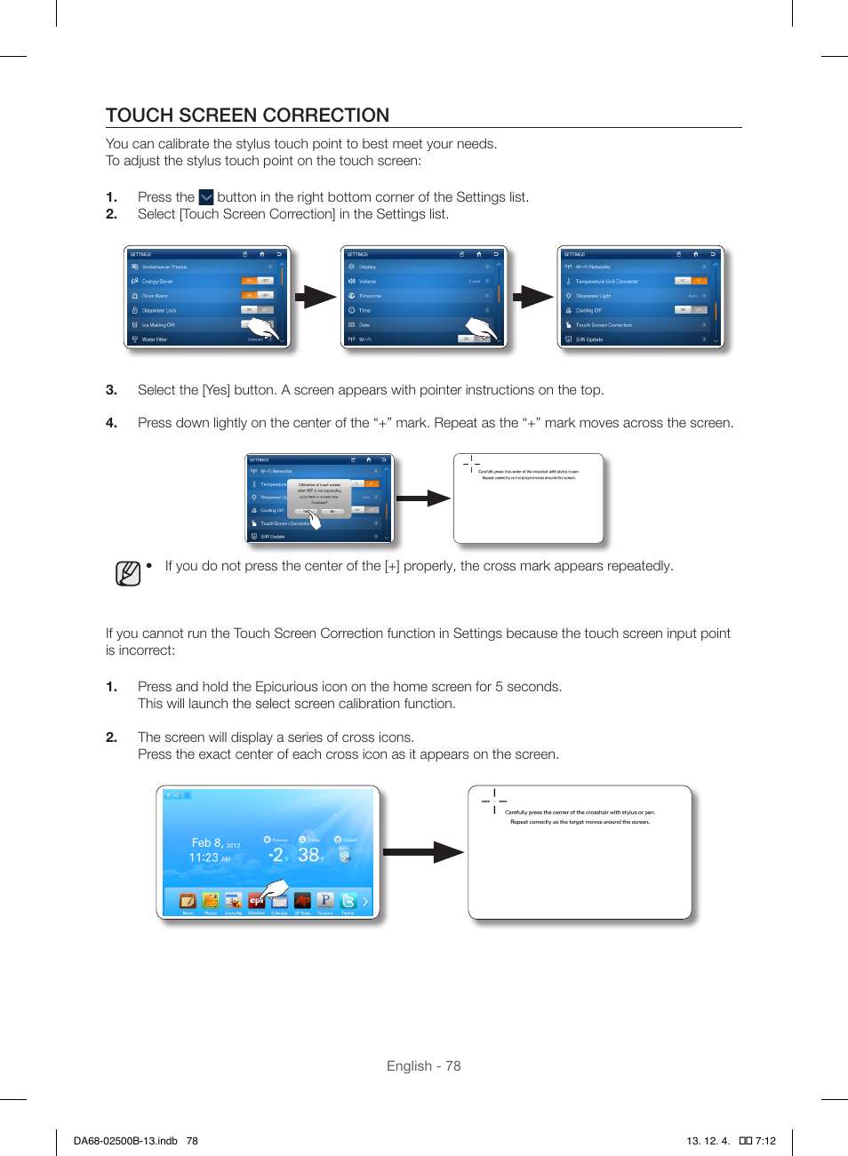 Touch screen correction | Samsung RSG309AARS-XAA User Manual | Page 78 / 184