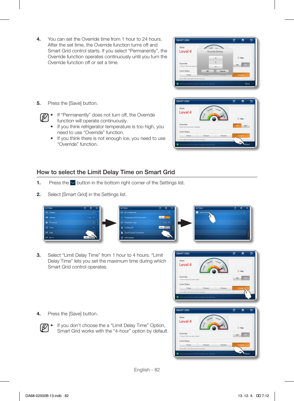 How to select the limit delay time on smart grid | Samsung RSG309AARS-XAA User Manual | Page 82 / 184