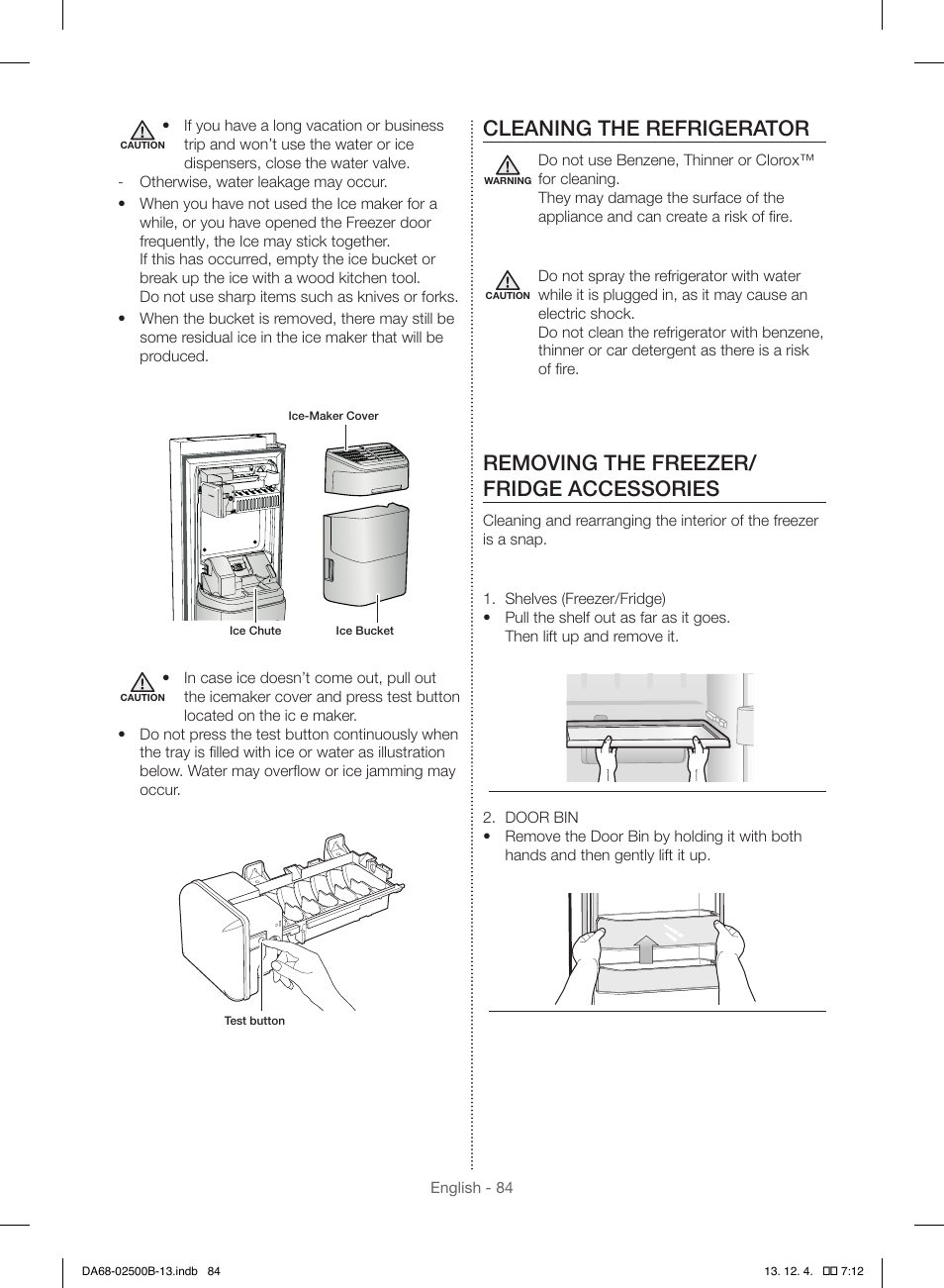 Cleaning the refrigerator, Removing the freezer/ fridge accessories | Samsung RSG309AARS-XAA User Manual | Page 84 / 184