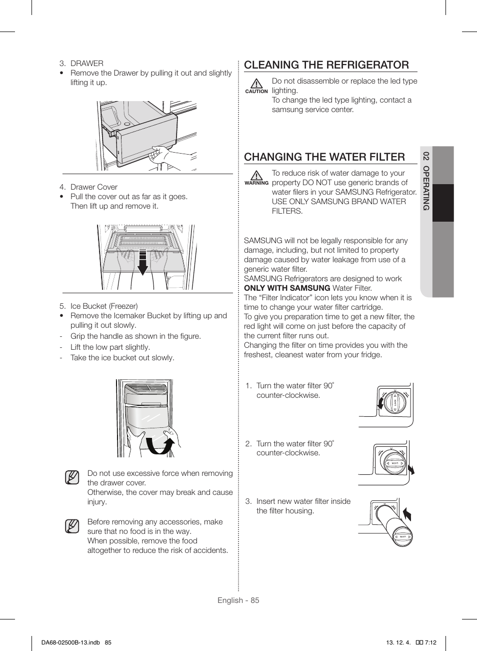 Cleaning the refrigerator, Changing the water filter | Samsung RSG309AARS-XAA User Manual | Page 85 / 184