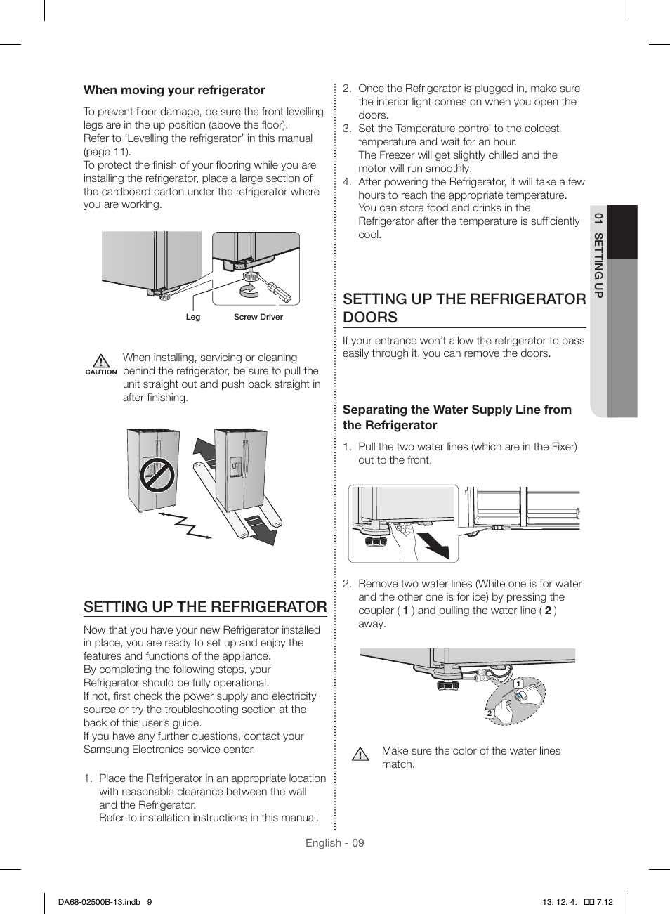 Setting up the refrigerator, Setting up the refrigerator doors | Samsung RSG309AARS-XAA User Manual | Page 9 / 184