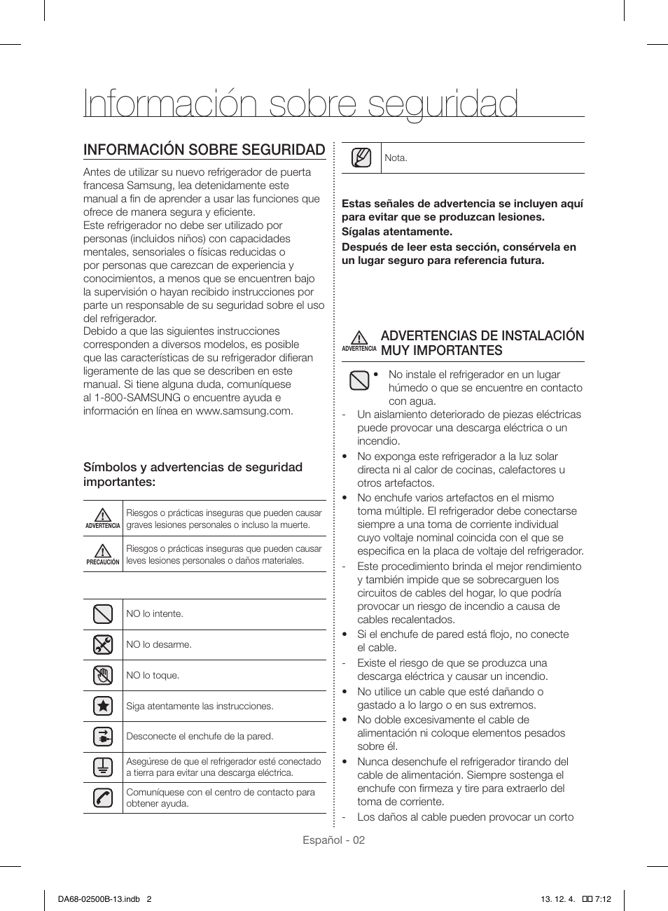 Información sobre seguridad, Advertencias de instalación muy importantes | Samsung RSG309AARS-XAA User Manual | Page 94 / 184