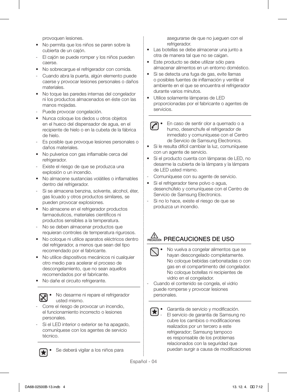 Precauciones de uso | Samsung RSG309AARS-XAA User Manual | Page 96 / 184