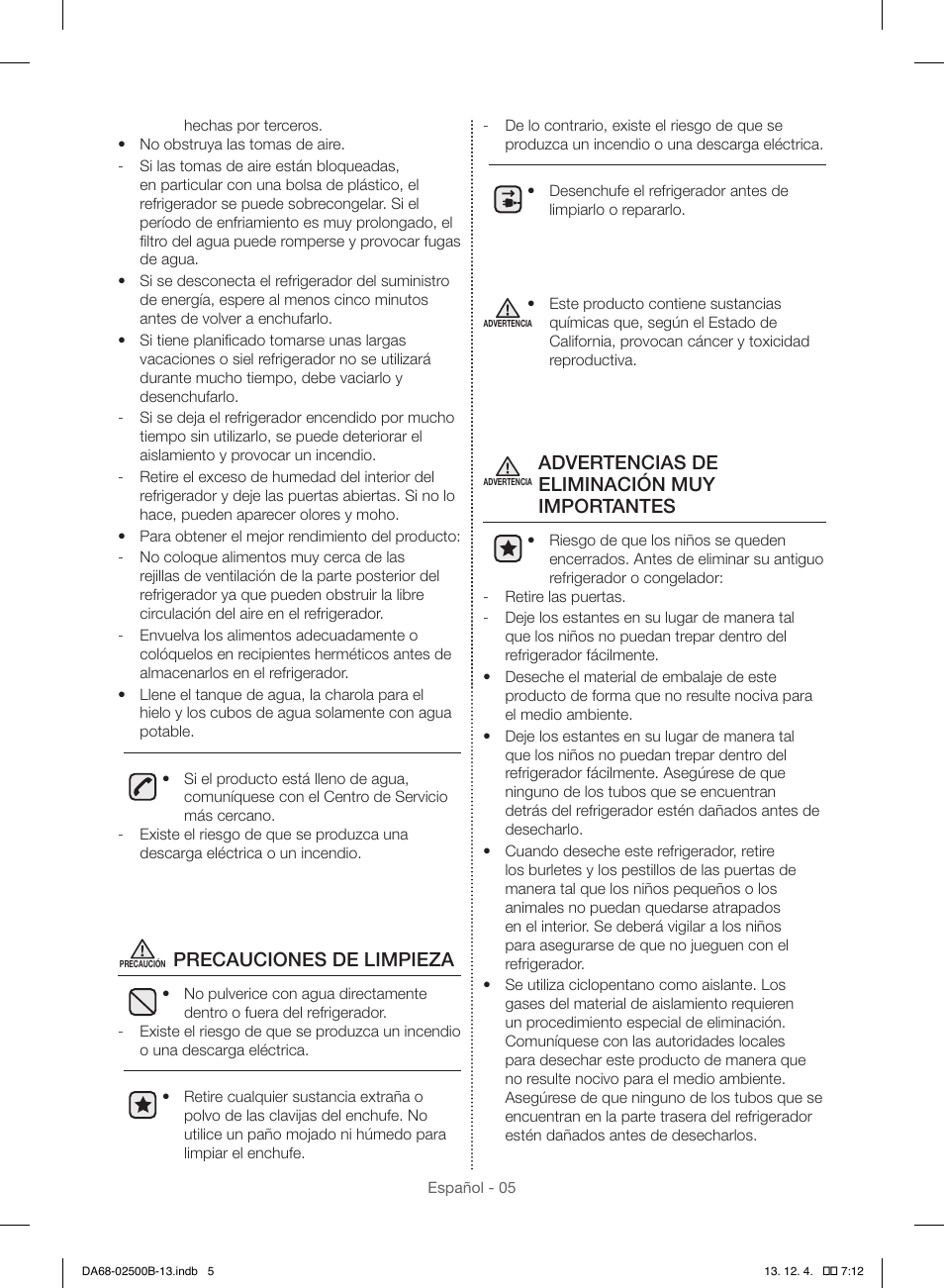 Precauciones de limpieza, Advertencias de eliminación muy importantes | Samsung RSG309AARS-XAA User Manual | Page 97 / 184