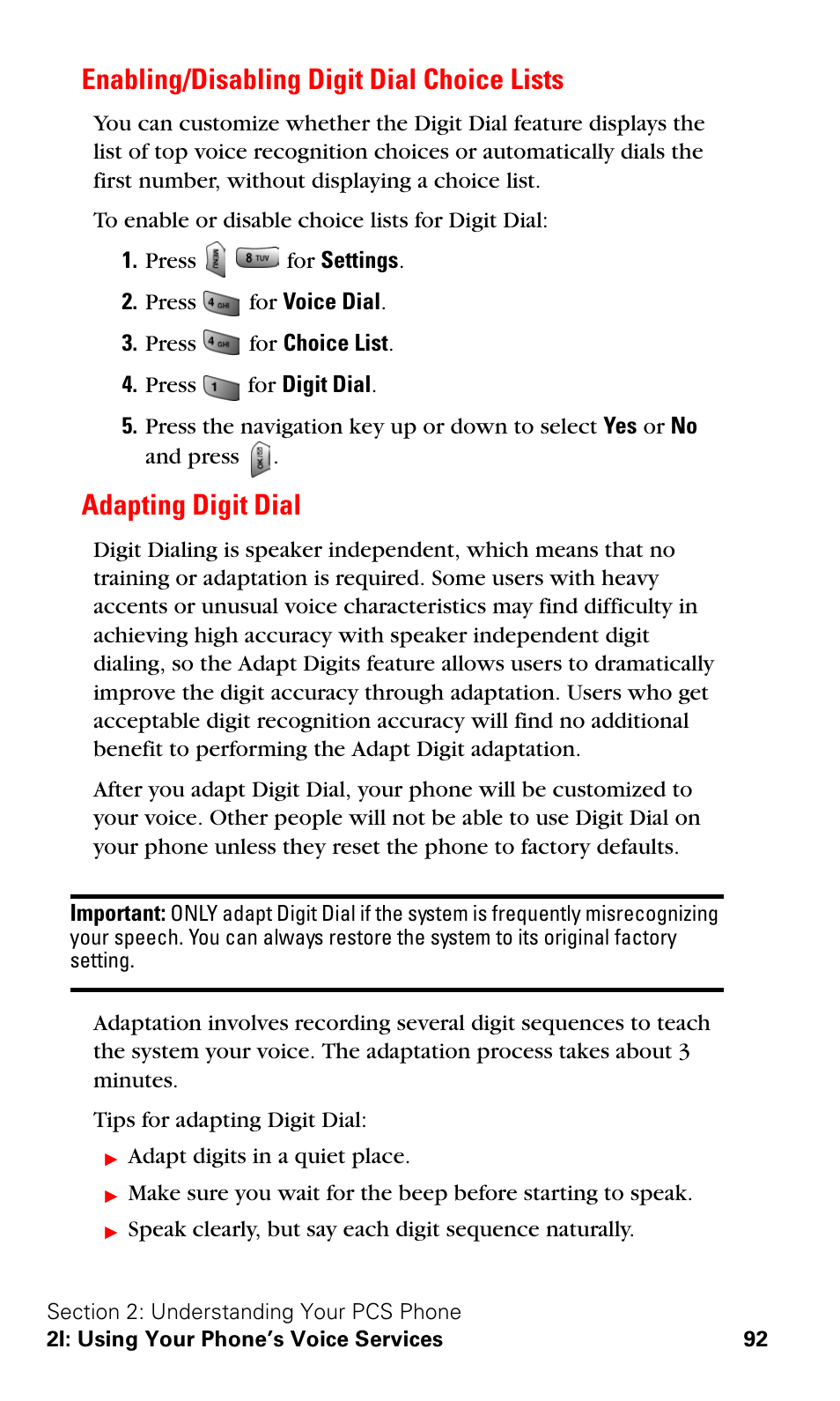 Enabling/disabling digit dial choice lists, Adapting digit dial | Samsung SPH-A620ZSSXAR User Manual | Page 100 / 181