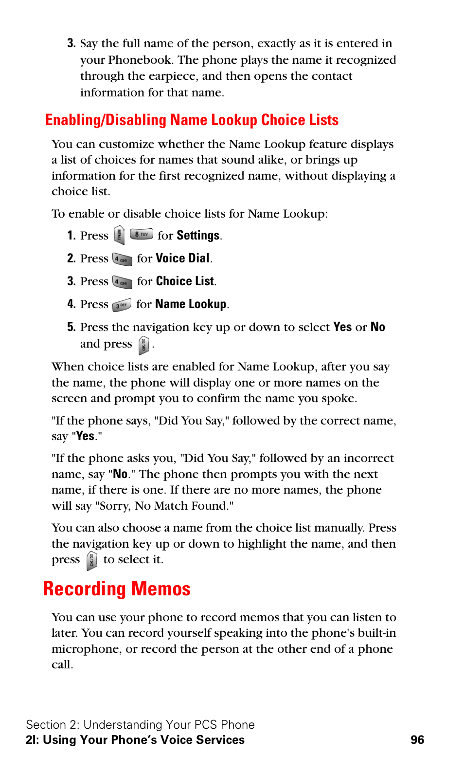Enabling/disabling name lookup choice lists, Recording memos | Samsung SPH-A620ZSSXAR User Manual | Page 104 / 181