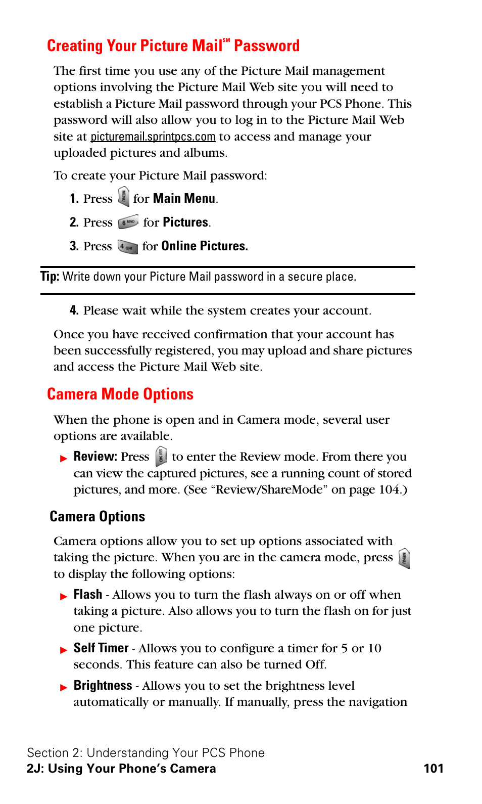 Creating your picture mailsm password, Camera mode options, Creating your picture mail | Password, Camera options | Samsung SPH-A620ZSSXAR User Manual | Page 109 / 181