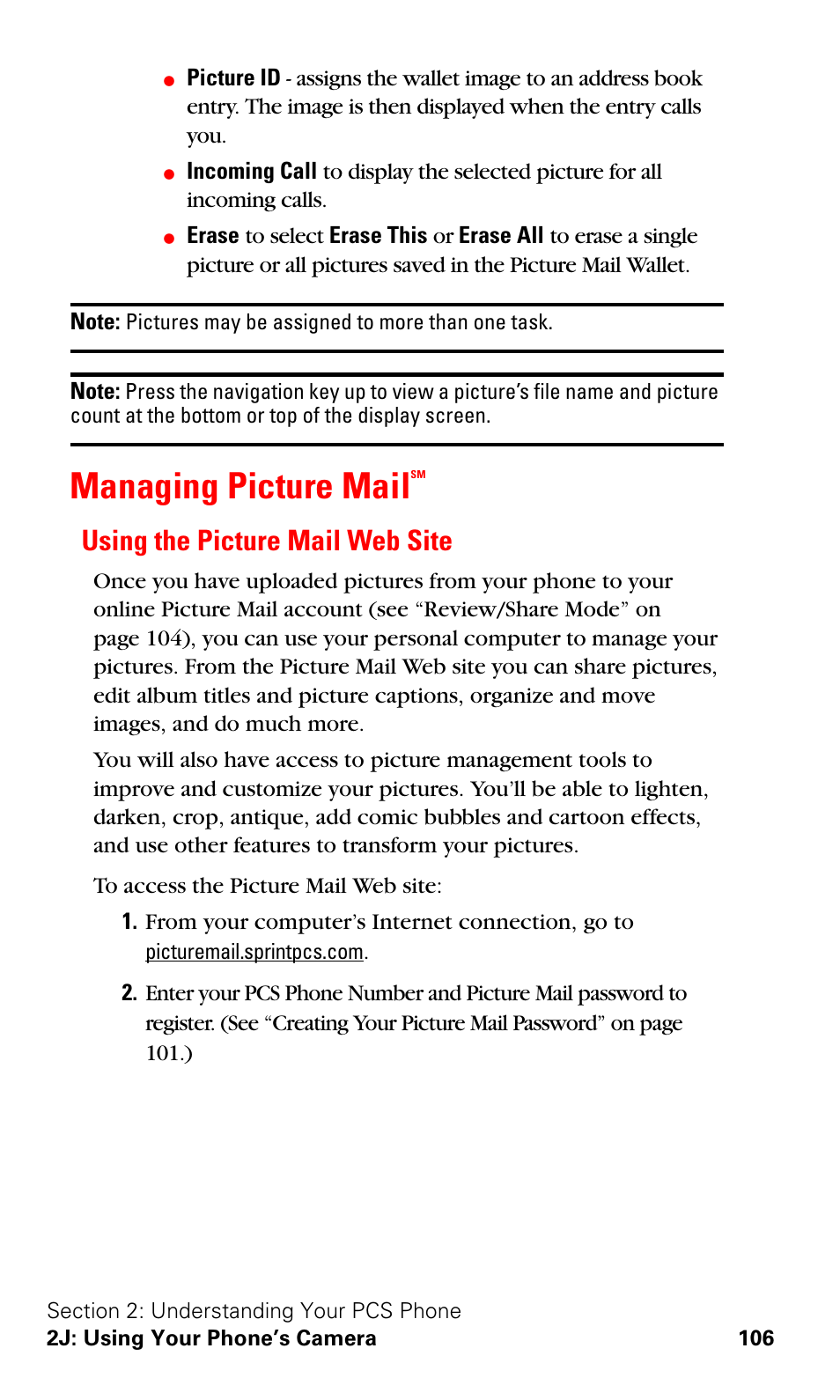 Managing picture mailsm, Using the picture mail web site, Managing picture mail | Samsung SPH-A620ZSSXAR User Manual | Page 114 / 181