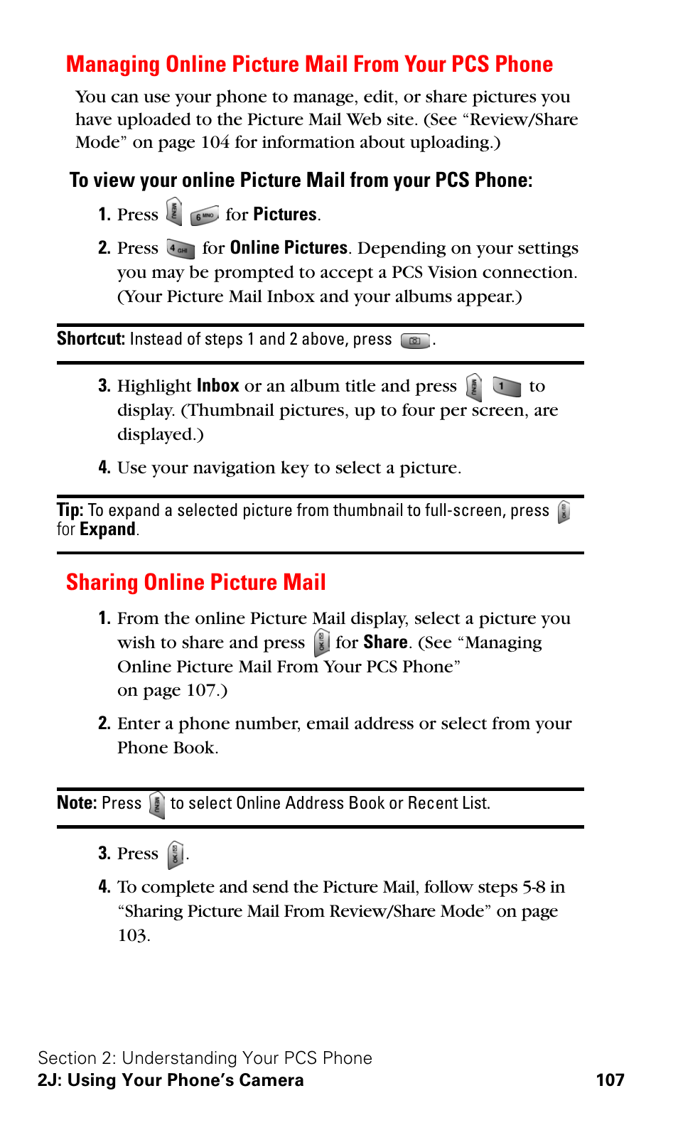 Managing online picture mail from your pcs phone, Sharing online picture mail | Samsung SPH-A620ZSSXAR User Manual | Page 115 / 181