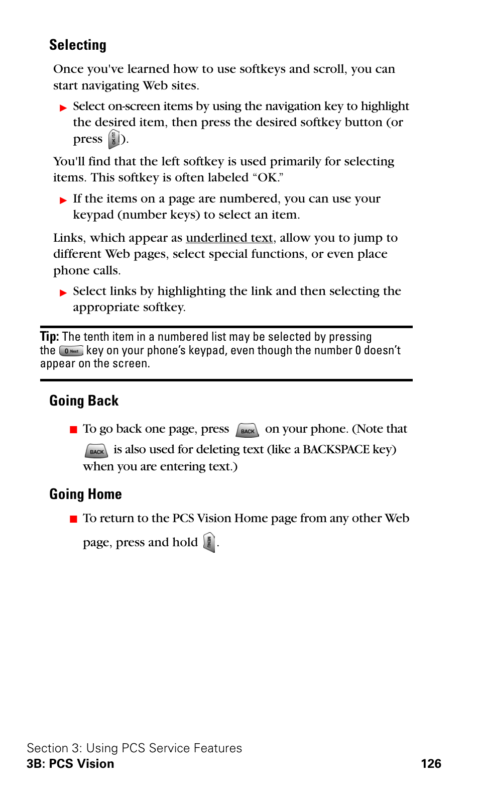 Selecting, Going back, Going home | Samsung SPH-A620ZSSXAR User Manual | Page 134 / 181