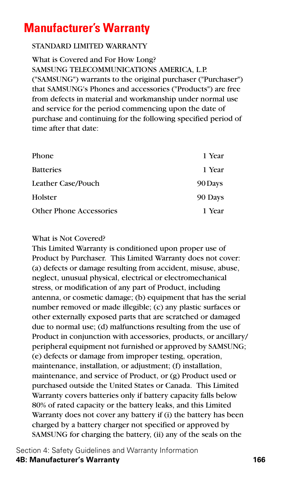 Manufacturer’s warranty | Samsung SPH-A620ZSSXAR User Manual | Page 174 / 181