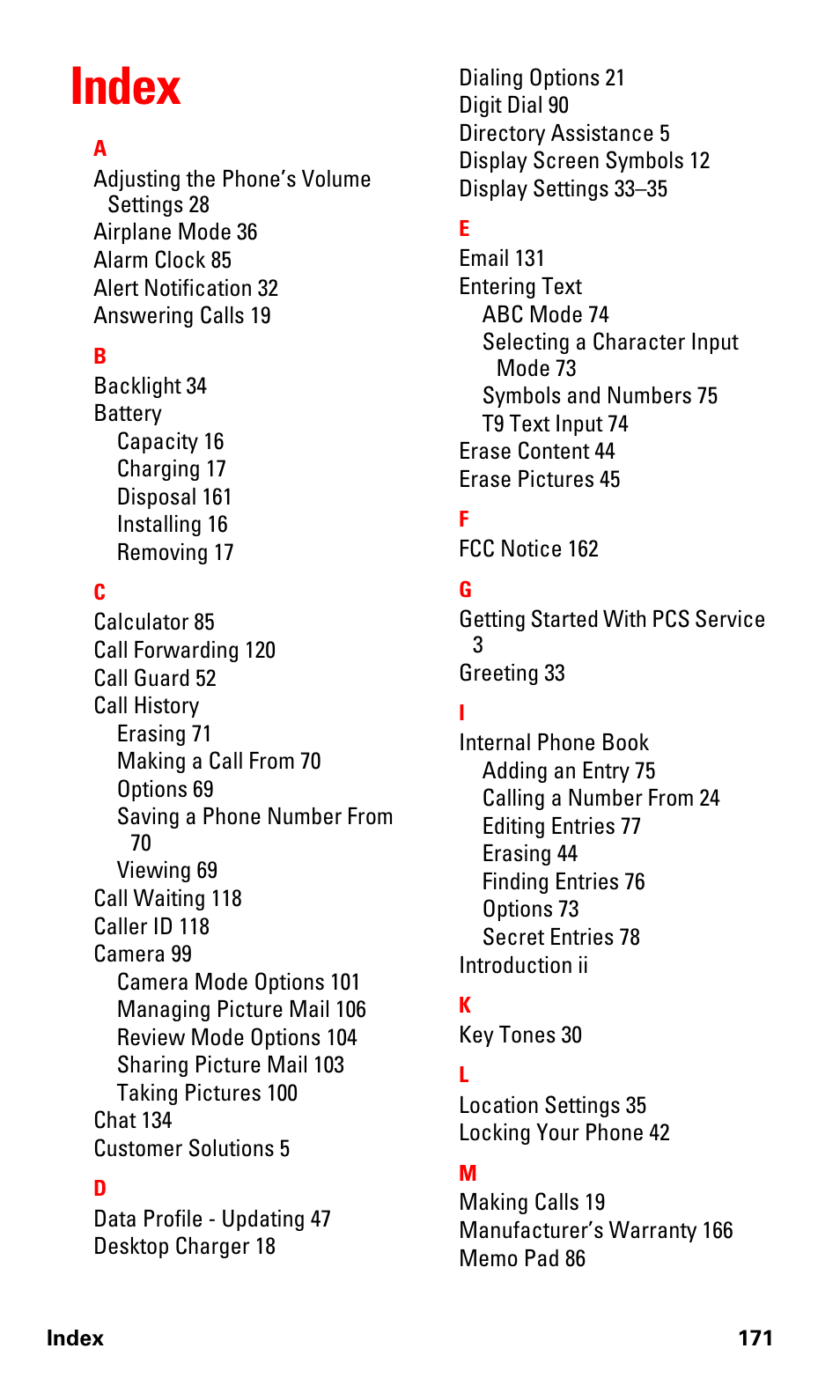 Index | Samsung SPH-A620ZSSXAR User Manual | Page 179 / 181
