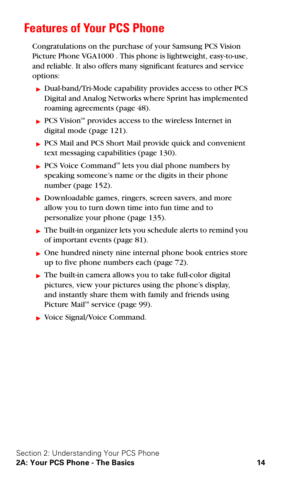 Features of your pcs phone, Pcs vision, Pcs voice command | Service ( page 99), Voice signal/voice command | Samsung SPH-A620ZSSXAR User Manual | Page 22 / 181