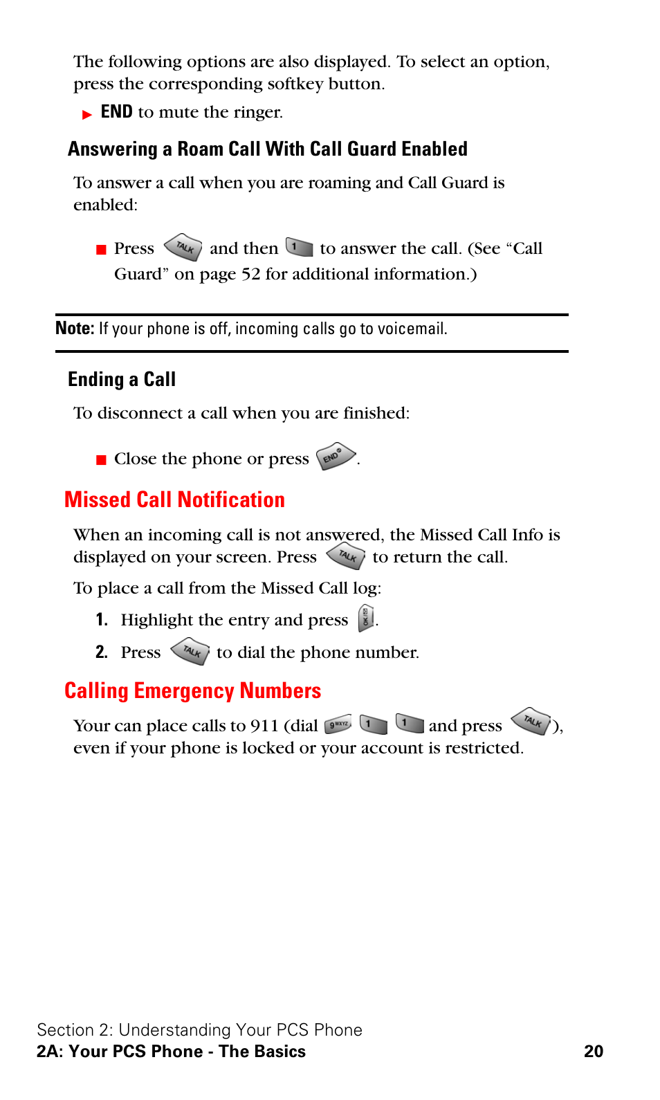 Missed call notification, Calling emergency numbers, Missed call notification calling emergency numbers | Answering a roam call with call guard enabled, Ending a call | Samsung SPH-A620ZSSXAR User Manual | Page 28 / 181