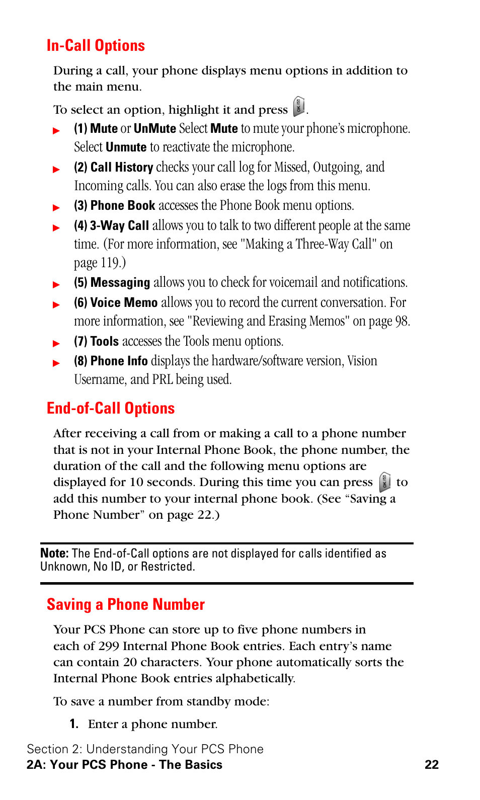 In-call options, End-of-call options, Saving a phone number | Select, Accesses the phone book menu options, Accesses the tools menu options | Samsung SPH-A620ZSSXAR User Manual | Page 30 / 181