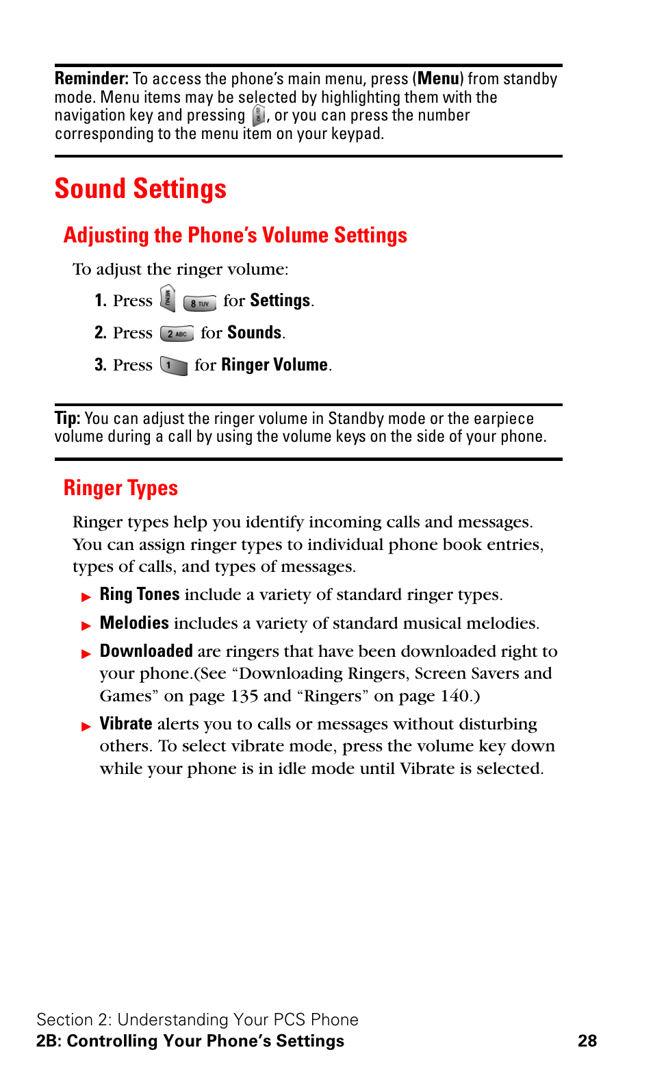 Sound settings, Adjusting the phone’s volume settings, Ringer types | Adjusting the phone’s volume settings ringer types | Samsung SPH-A620ZSSXAR User Manual | Page 36 / 181