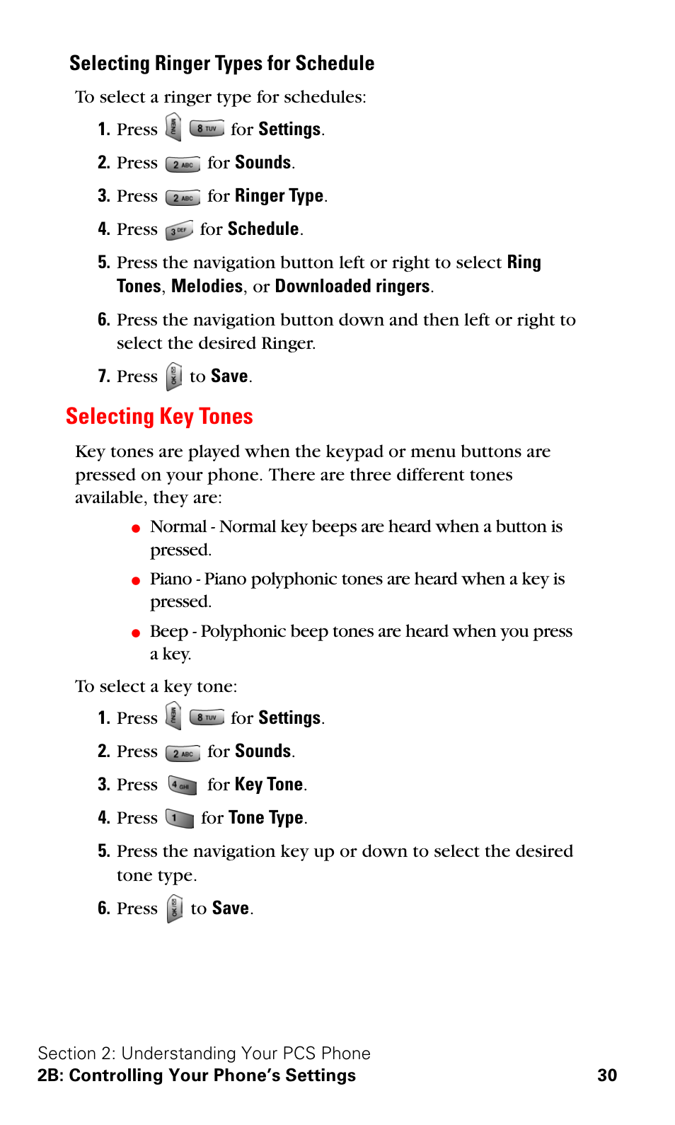 Selecting key tones, Selecting ringer types for schedule | Samsung SPH-A620ZSSXAR User Manual | Page 38 / 181