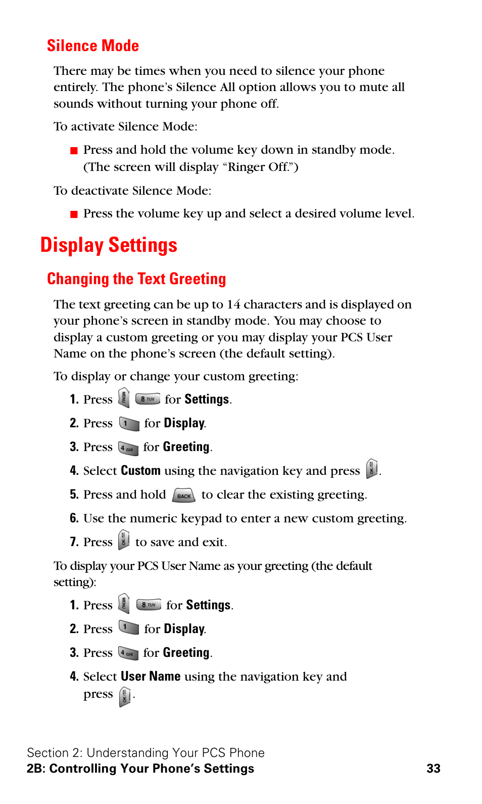 Silence mode, Display settings, Changing the text greeting | Samsung SPH-A620ZSSXAR User Manual | Page 41 / 181