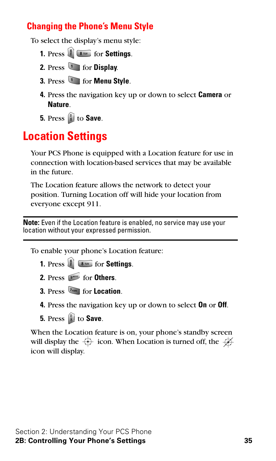 Changing the phone’s menu style, Location settings | Samsung SPH-A620ZSSXAR User Manual | Page 43 / 181