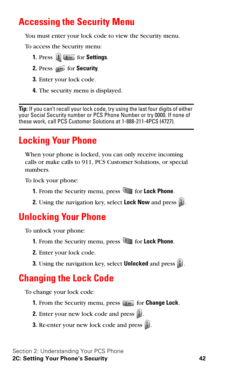 Accessing the security menu, Locking your phone, Unlocking your phone | Changing the lock code | Samsung SPH-A620ZSSXAR User Manual | Page 50 / 181