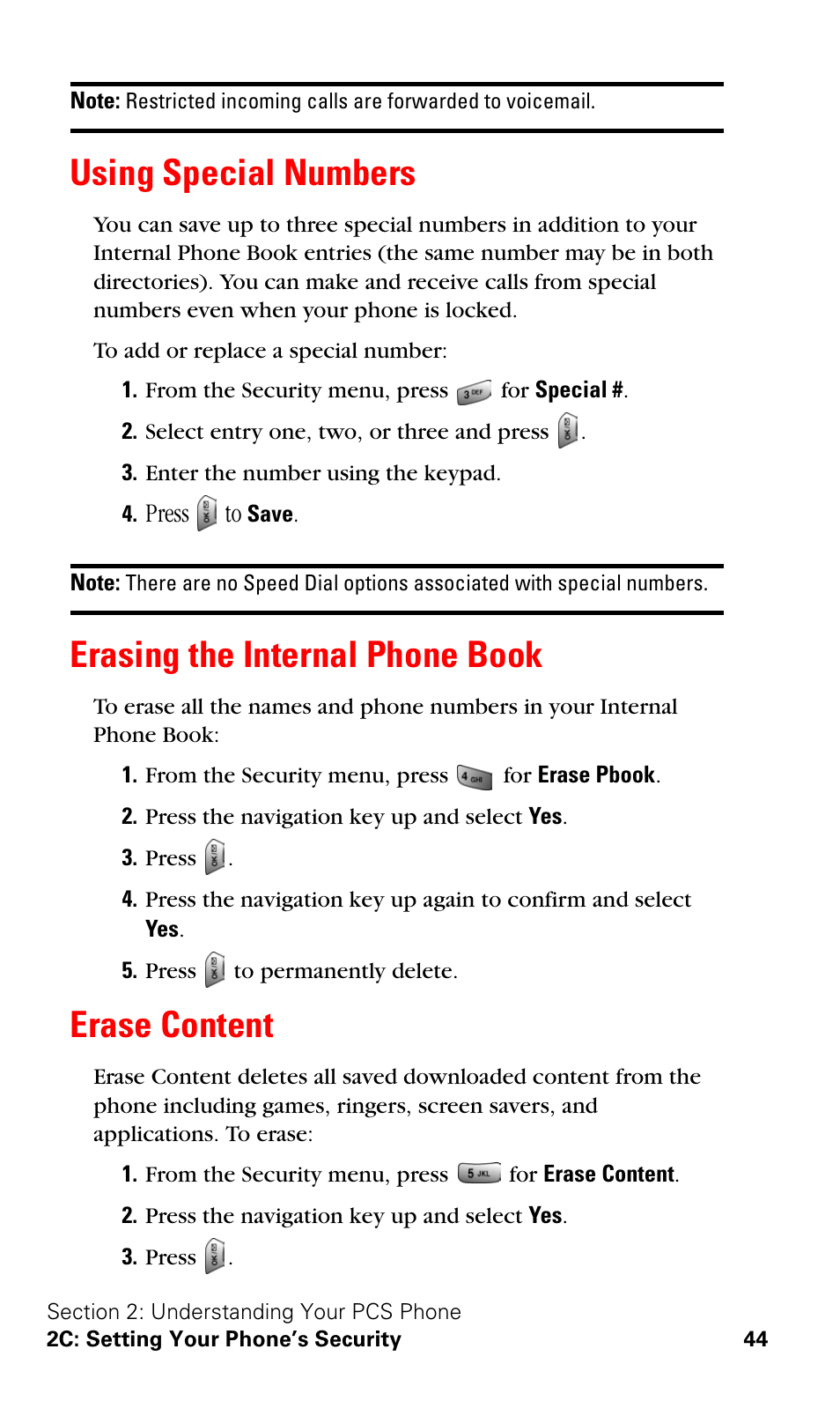 Using special numbers, Erasing the internal phone book, Erase content | Samsung SPH-A620ZSSXAR User Manual | Page 52 / 181