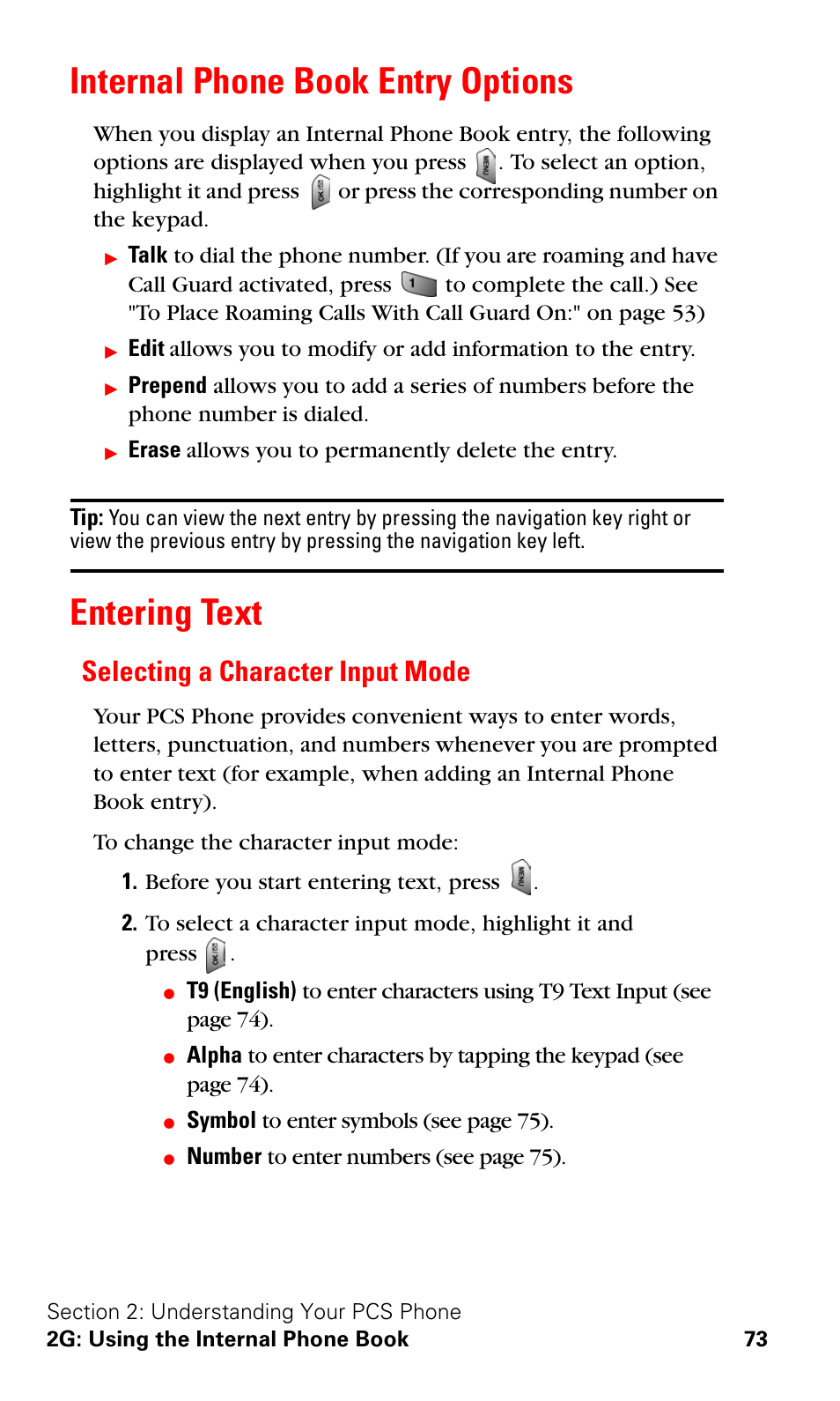Internal phone book entry options, Entering text, Selecting a character input mode | Internal phone book entry options entering text | Samsung SPH-A620ZSSXAR User Manual | Page 81 / 181