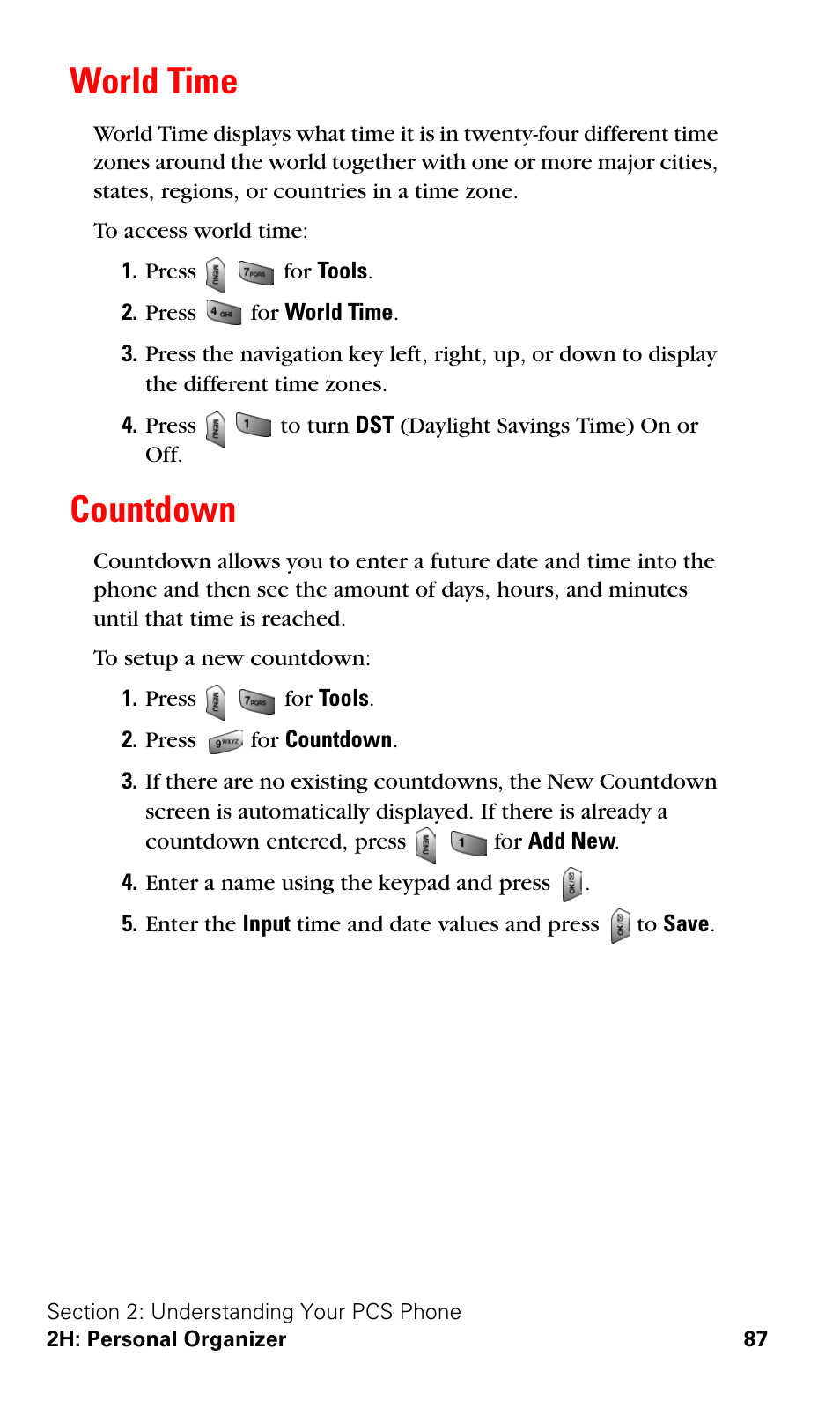World time, Countdown, World time countdown | Samsung SPH-A620ZSSXAR User Manual | Page 95 / 181