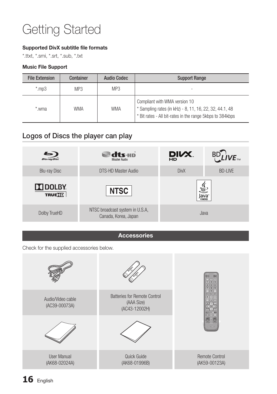 Logos of discs the player can play, Accessories, 16 accessories | Getting started, Check for the supplied accessories below, English | Samsung BD-D5700-ZA User Manual | Page 16 / 78