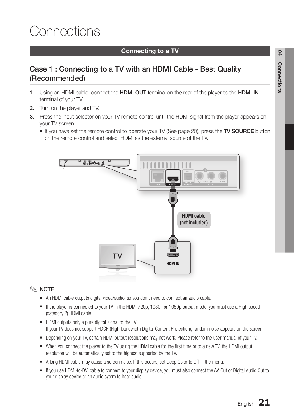 Connections, Connecting to a tv, 21 connecting to a tv | Case 1 : connecting to a tv with an hdmi cable, Best quality (recommended) | Samsung BD-D5700-ZA User Manual | Page 21 / 78