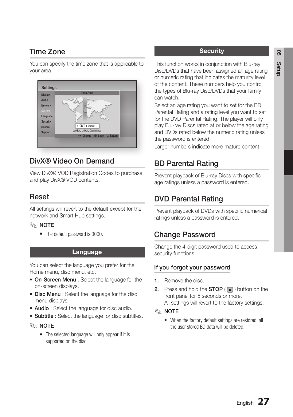 Time zone, Divx® video on demand, Reset | Language, Security, Bd parental rating, Dvd parental rating, Change password, 39 reset, 39 language | Samsung BD-D5700-ZA User Manual | Page 39 / 78