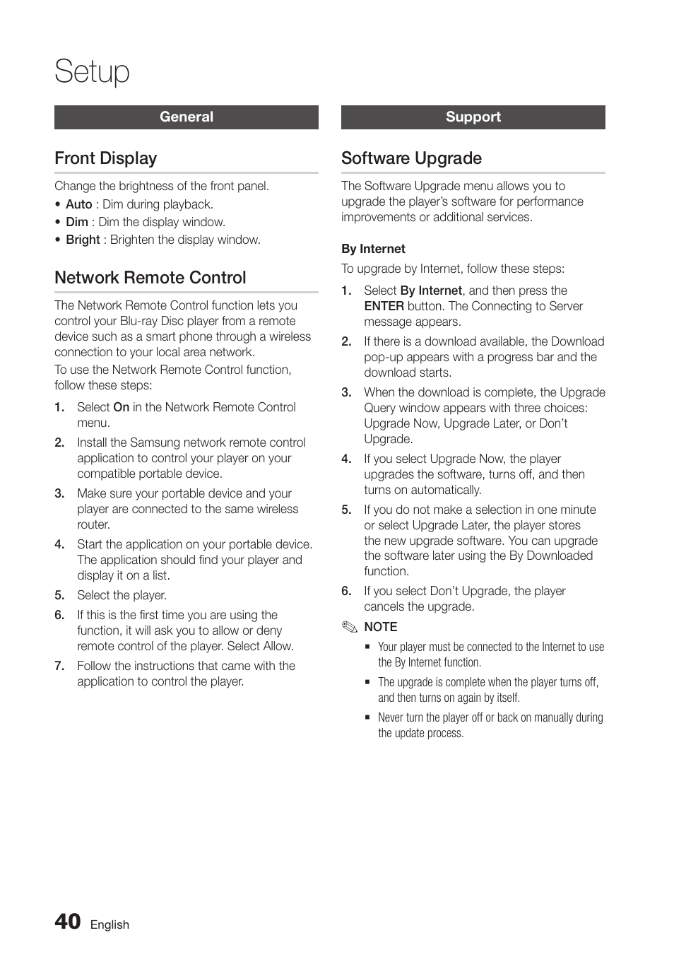 General, Front display, Network remote control | Support, Software upgrade, 40 general, 40 support, Setup | Samsung BD-D5700-ZA User Manual | Page 40 / 78