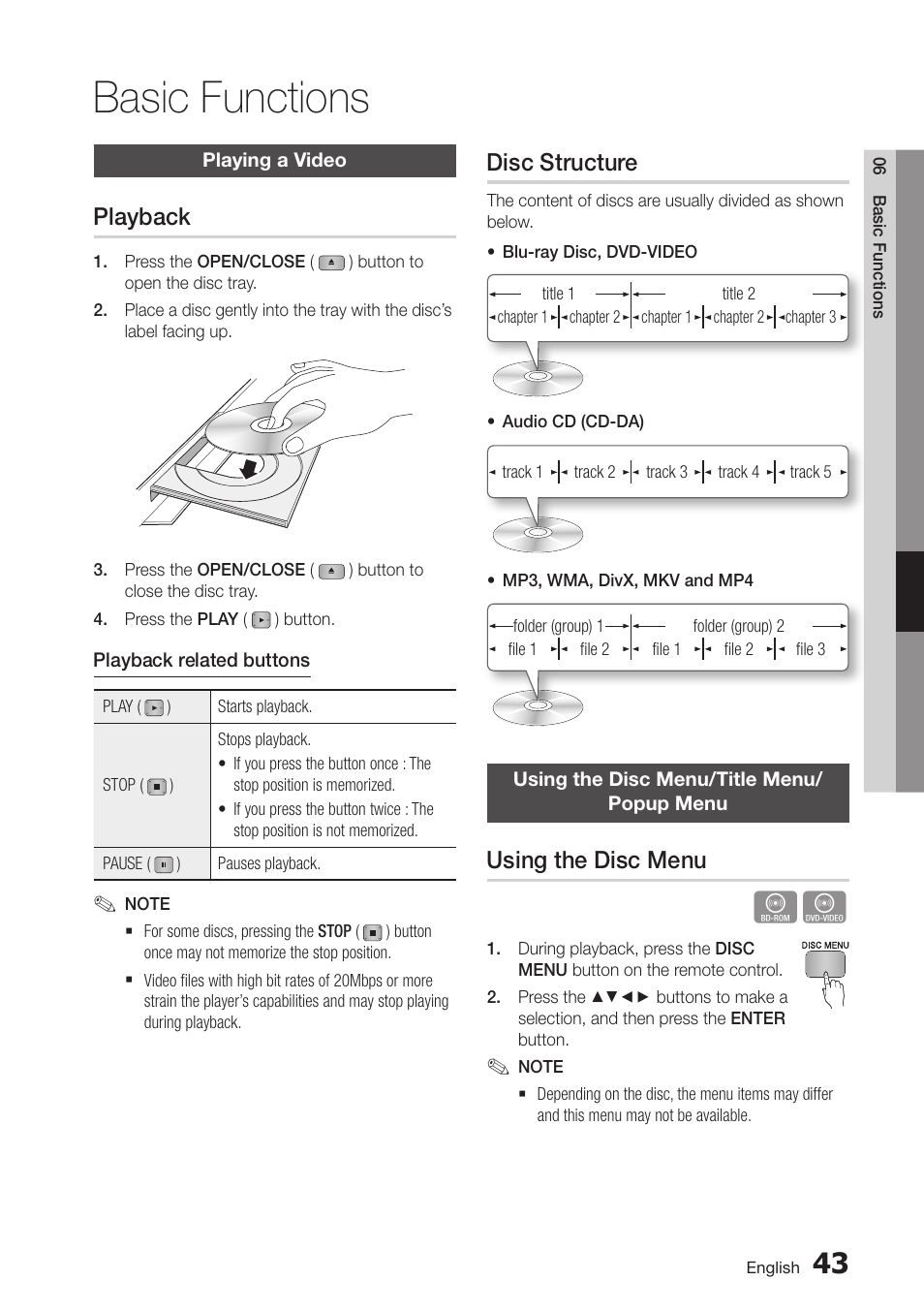 Basic functions, Playing a video, Playback | Disc structure, Using the disc menu/title menu/ popup menu, Using the disc menu, 43 playing a video, 43 playback, 43 using the disc menu/title menu/popup menu | Samsung BD-D5700-ZA User Manual | Page 43 / 78