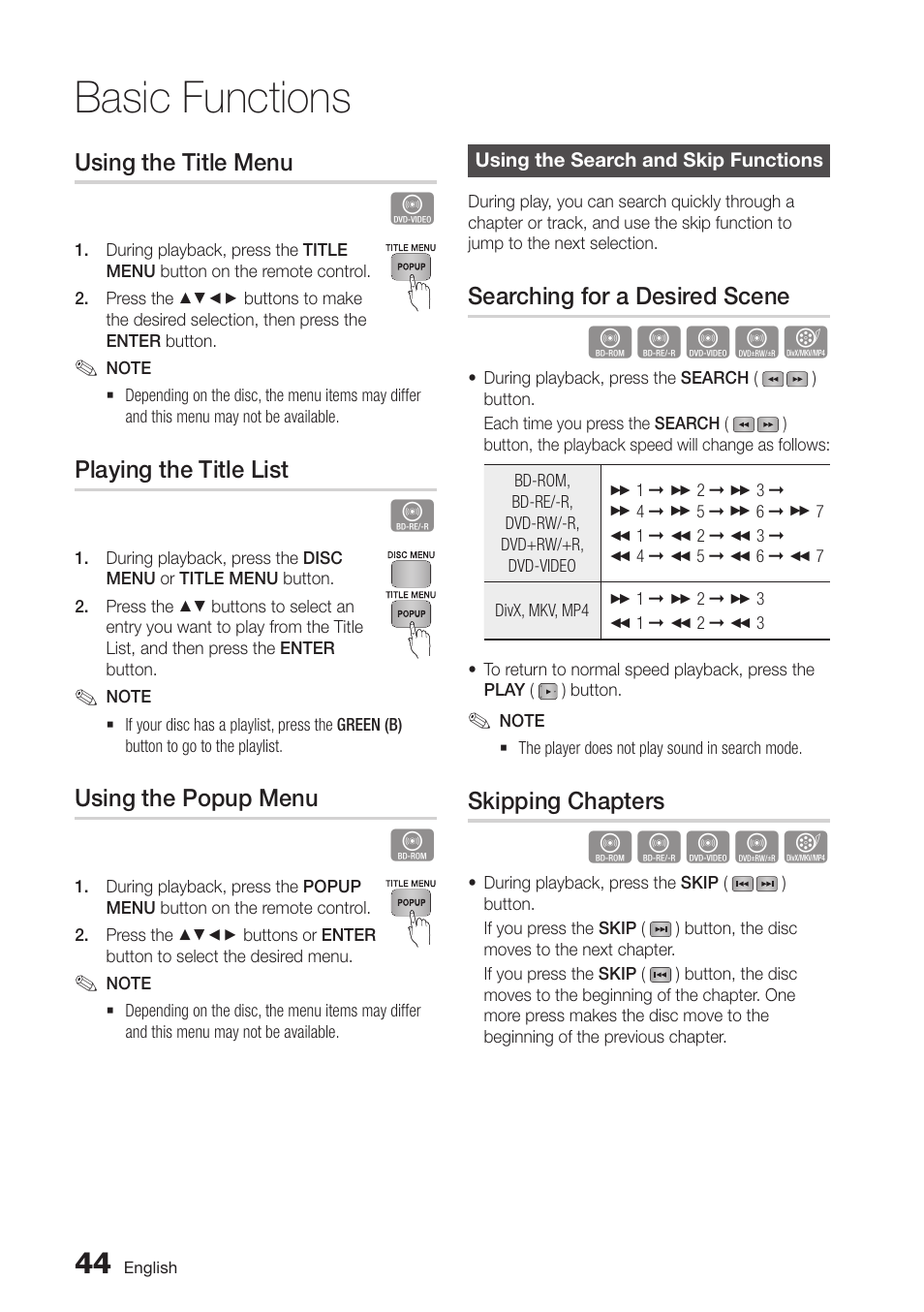 Using the title menu, Playing the title list, Using the popup menu | Using the search and skip functions, Searching for a desired scene, Skipping chapters, 44 using the search and skip functions, Basic functions | Samsung BD-D5700-ZA User Manual | Page 44 / 78