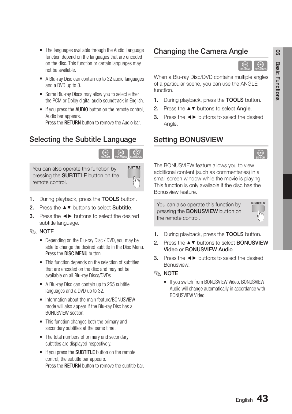 Selecting the subtitle language, Changing the camera angle, Setting bonusview | Samsung BD-D5700-ZA User Manual | Page 47 / 78