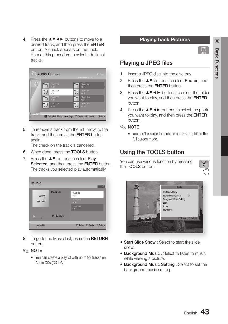 Playing back pictures, Playing a jpeg files, Using the tools button | 49 playing back pictures | Samsung BD-D5700-ZA User Manual | Page 49 / 78